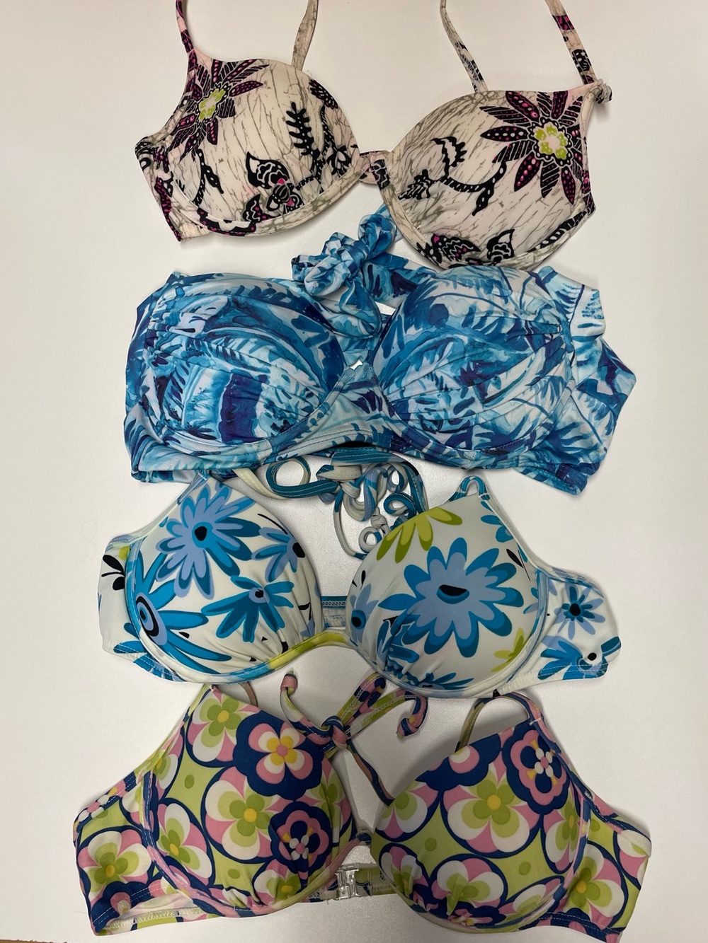 Bundle of 4 Floral and Tropical Print Bikini Tops - Blue, White, Cream, Pink